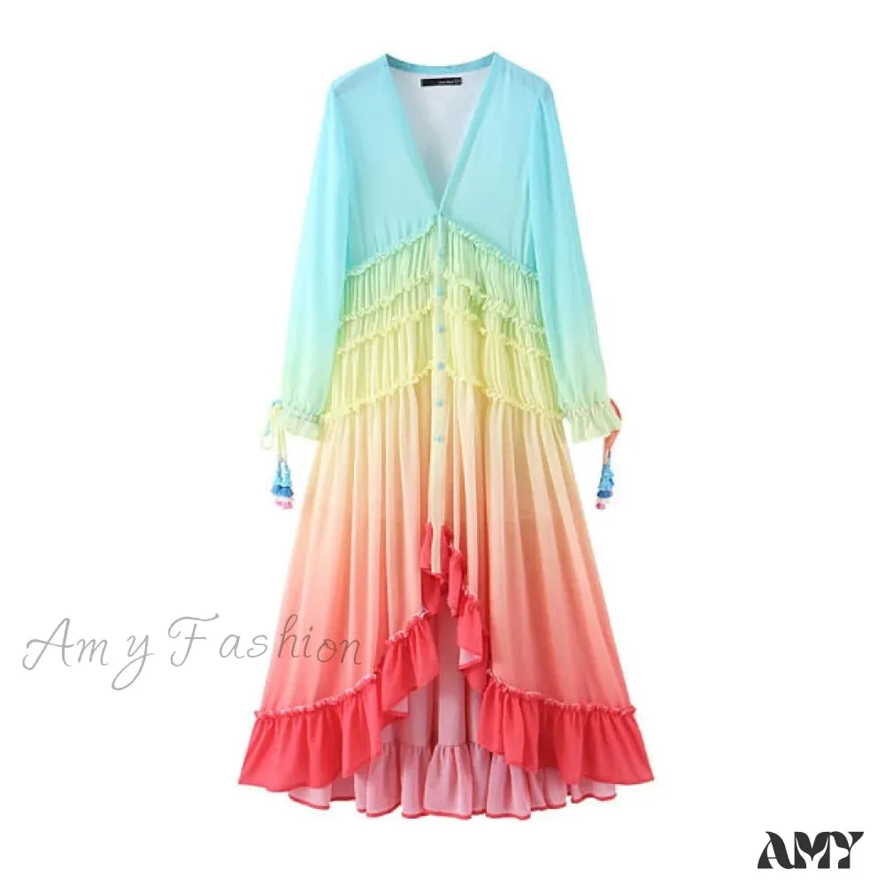 Amy Fashion - Bohemian Printing Gradient Elegant Maxi Dress