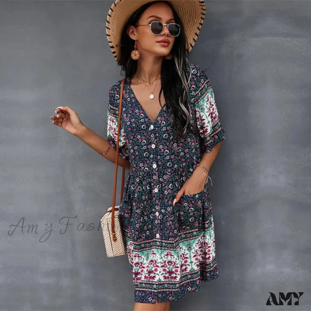 Amy Fashion - Short Sleeve Floral Print Fashion Sexy Dress