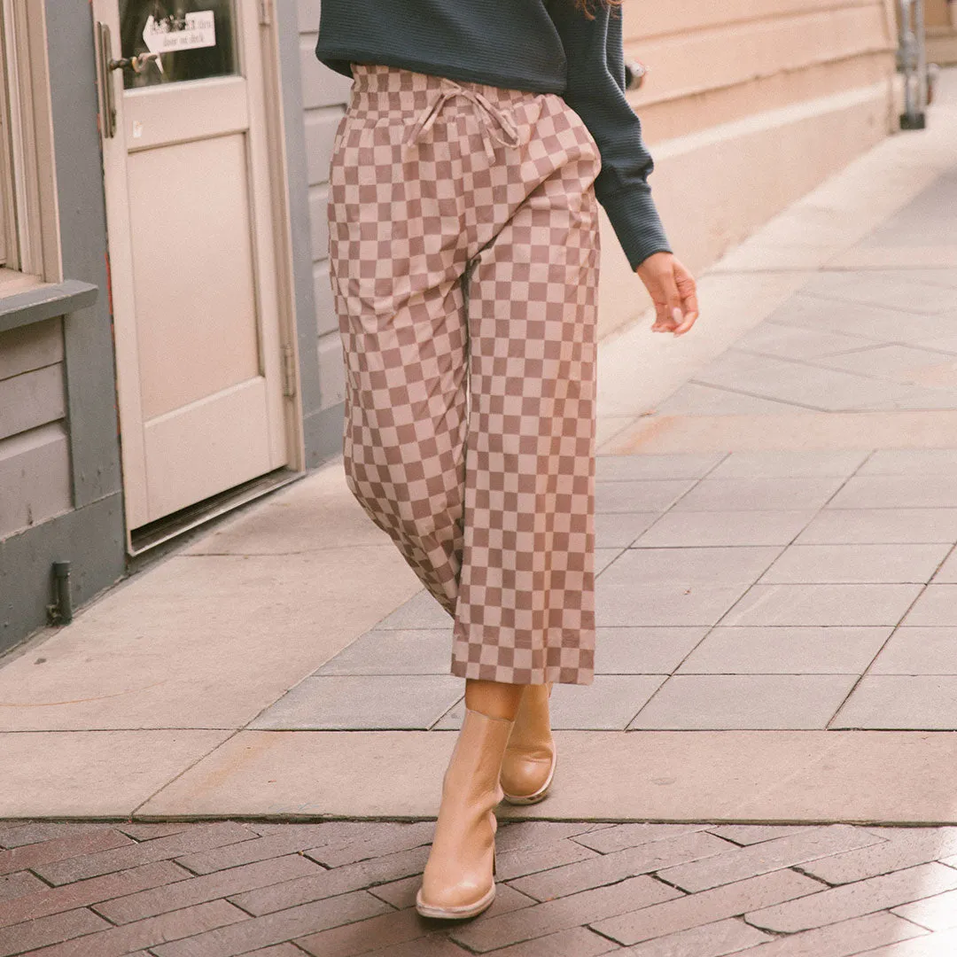 Audrey Wide Leg Pants, Brown Checkers