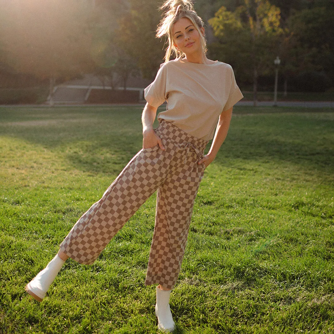 Audrey Wide Leg Pants, Brown Checkers