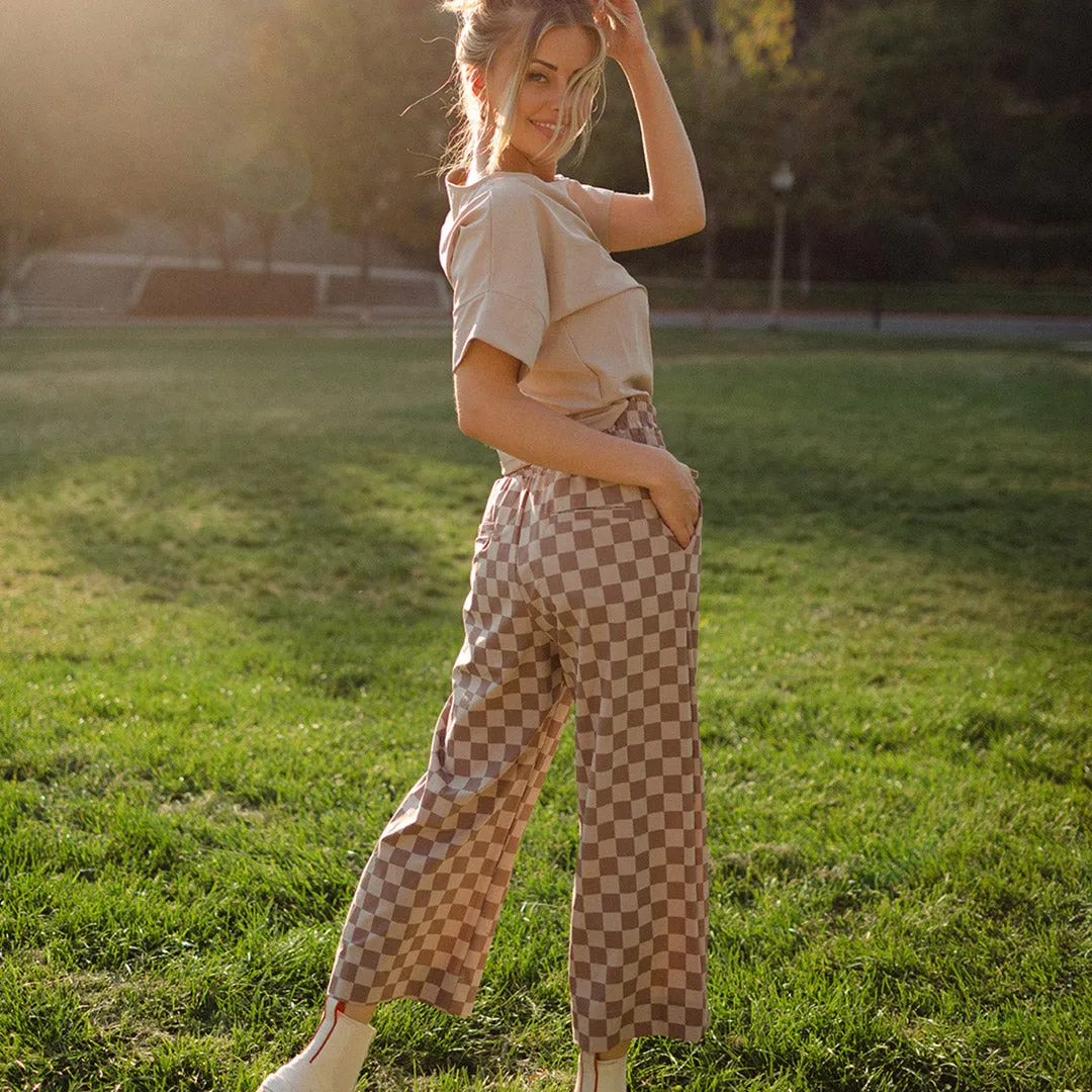 Audrey Wide Leg Pants, Brown Checkers