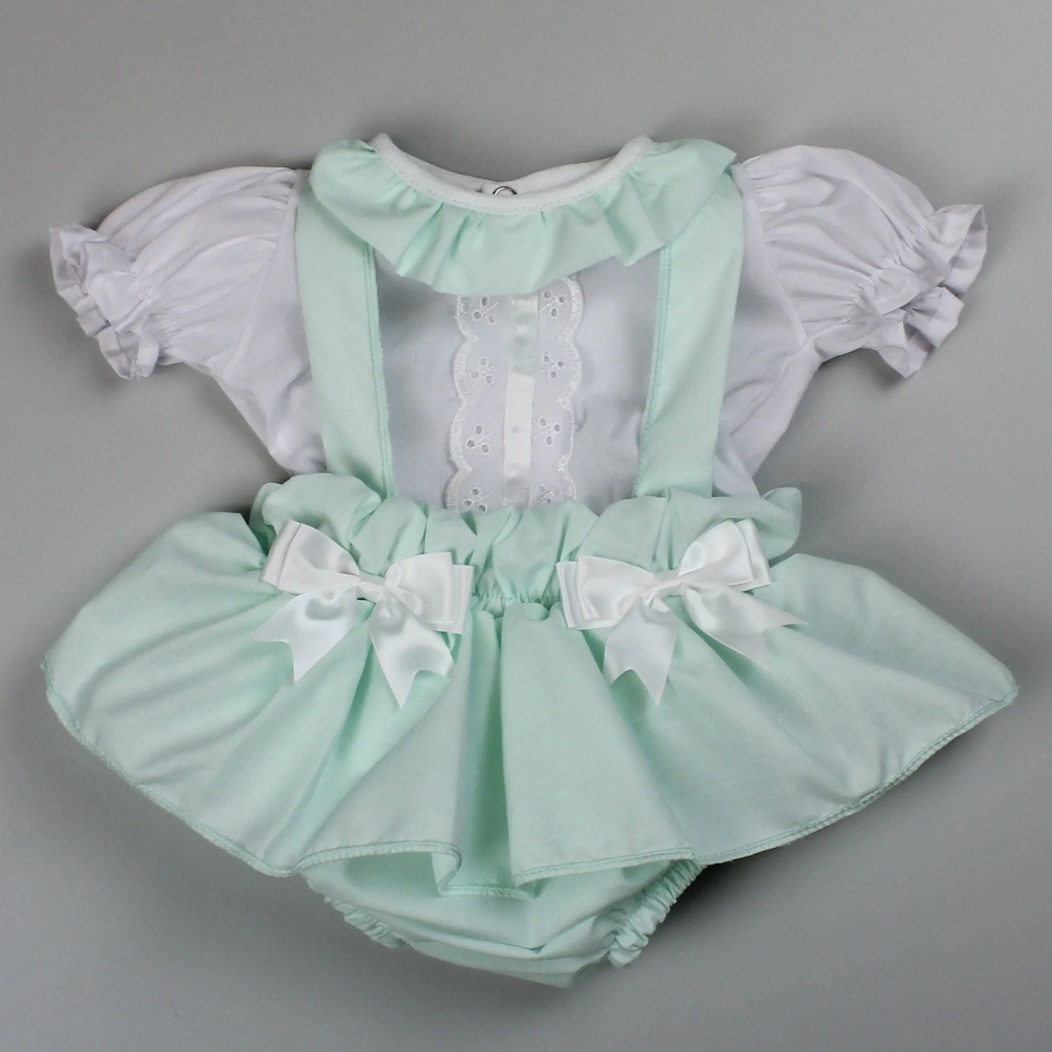 Baby Girls Summer Set - Frilly Pants with Braces and Shirt - Mint