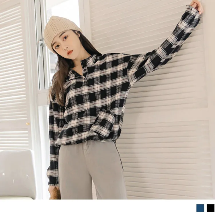 BAND COLLAR COTTON CHECKED TUNIC LONG SLEEVE TOPS