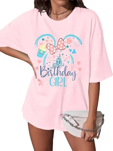 Birthday Shirt Magic Kingdom T-Shirt: Women Oversized Magical Castle Birthday Graphic Tees Funny Birthday Party Gift Tops Dark Grey