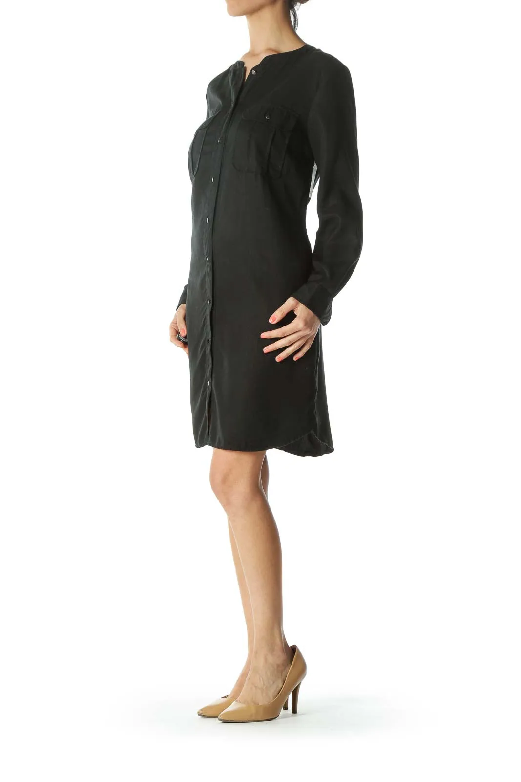 Black Button-Down Knee Length Shirt Dress