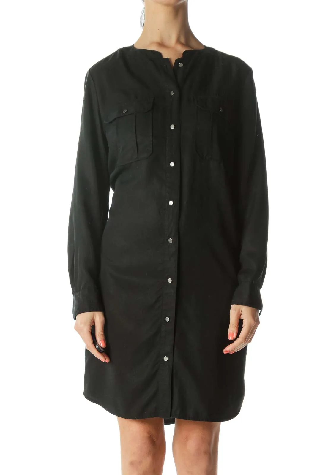 Black Button-Down Knee Length Shirt Dress