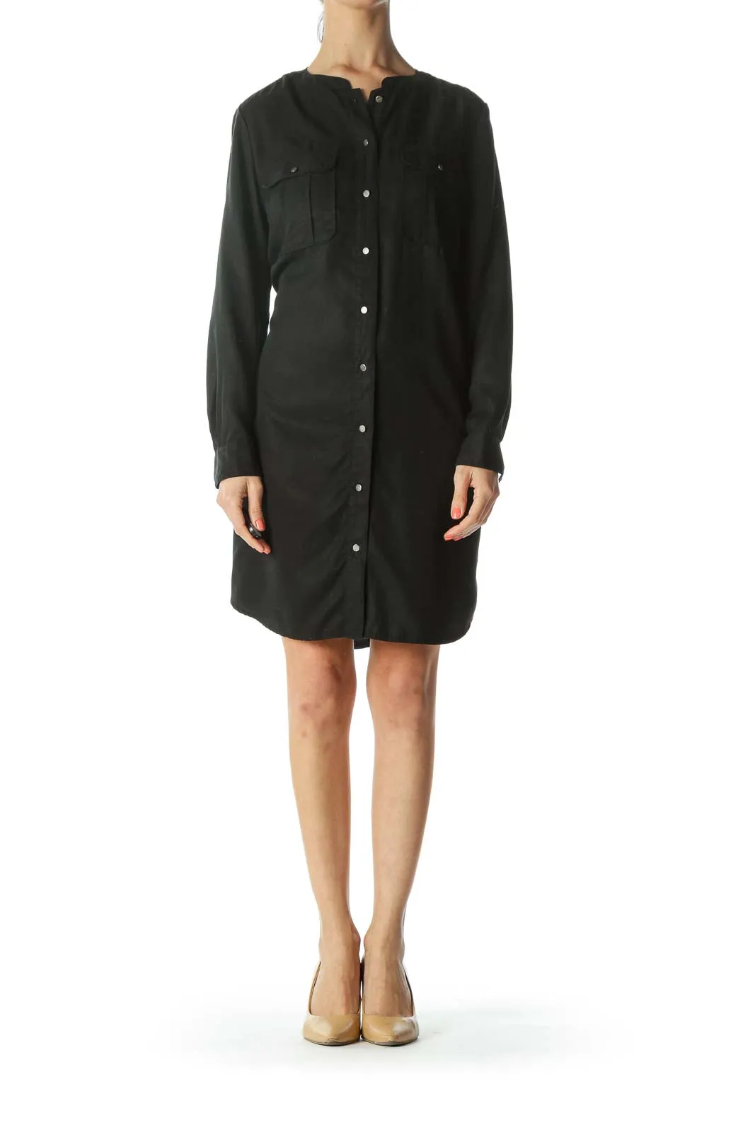 Black Button-Down Knee Length Shirt Dress