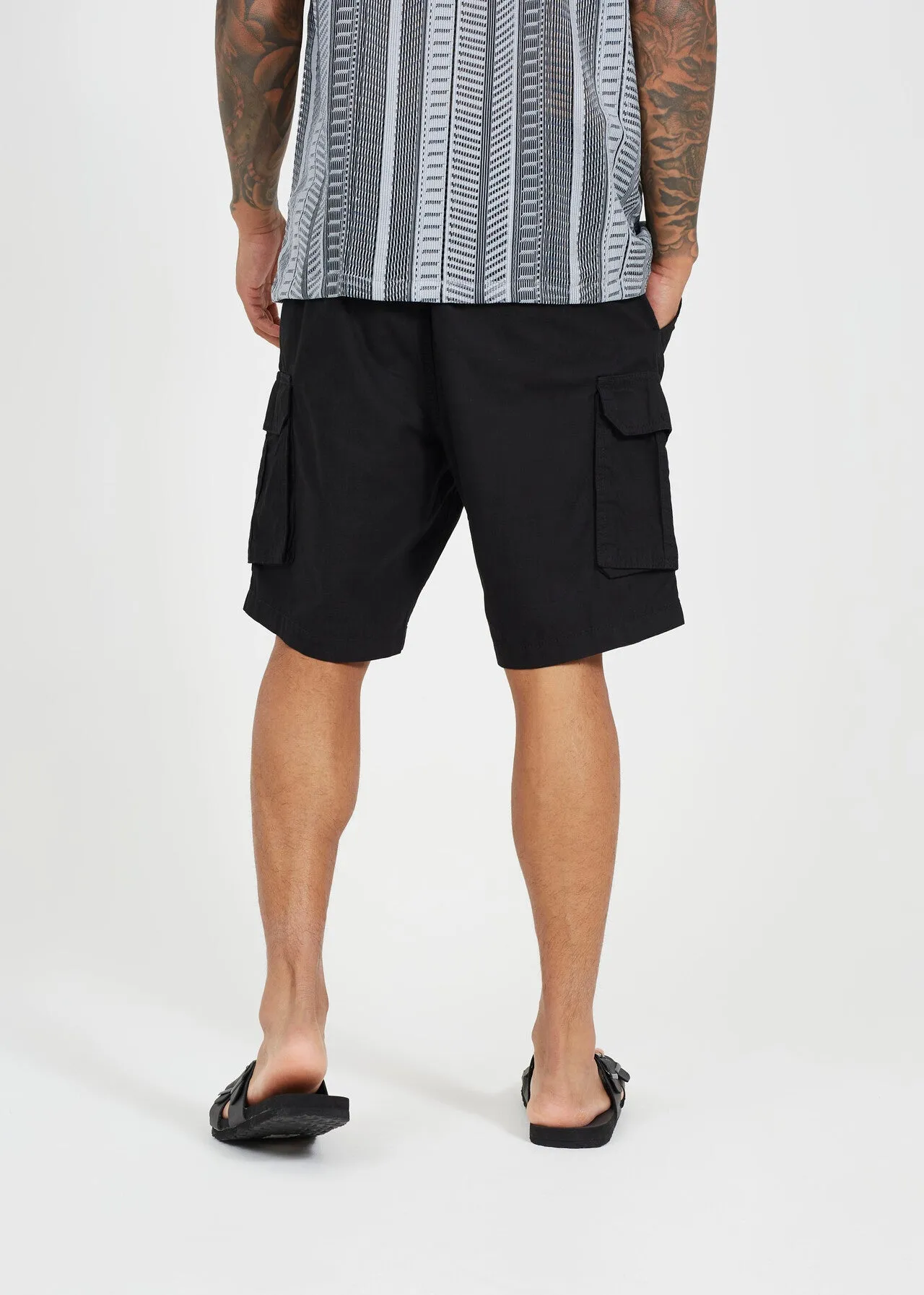 BLACK COTTON CANVAS POCKET DETAIL CARGO SHORTS