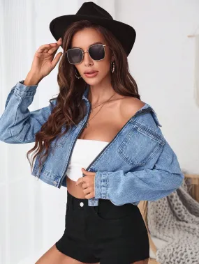 Blue Zip Front Crop Denim Jacket