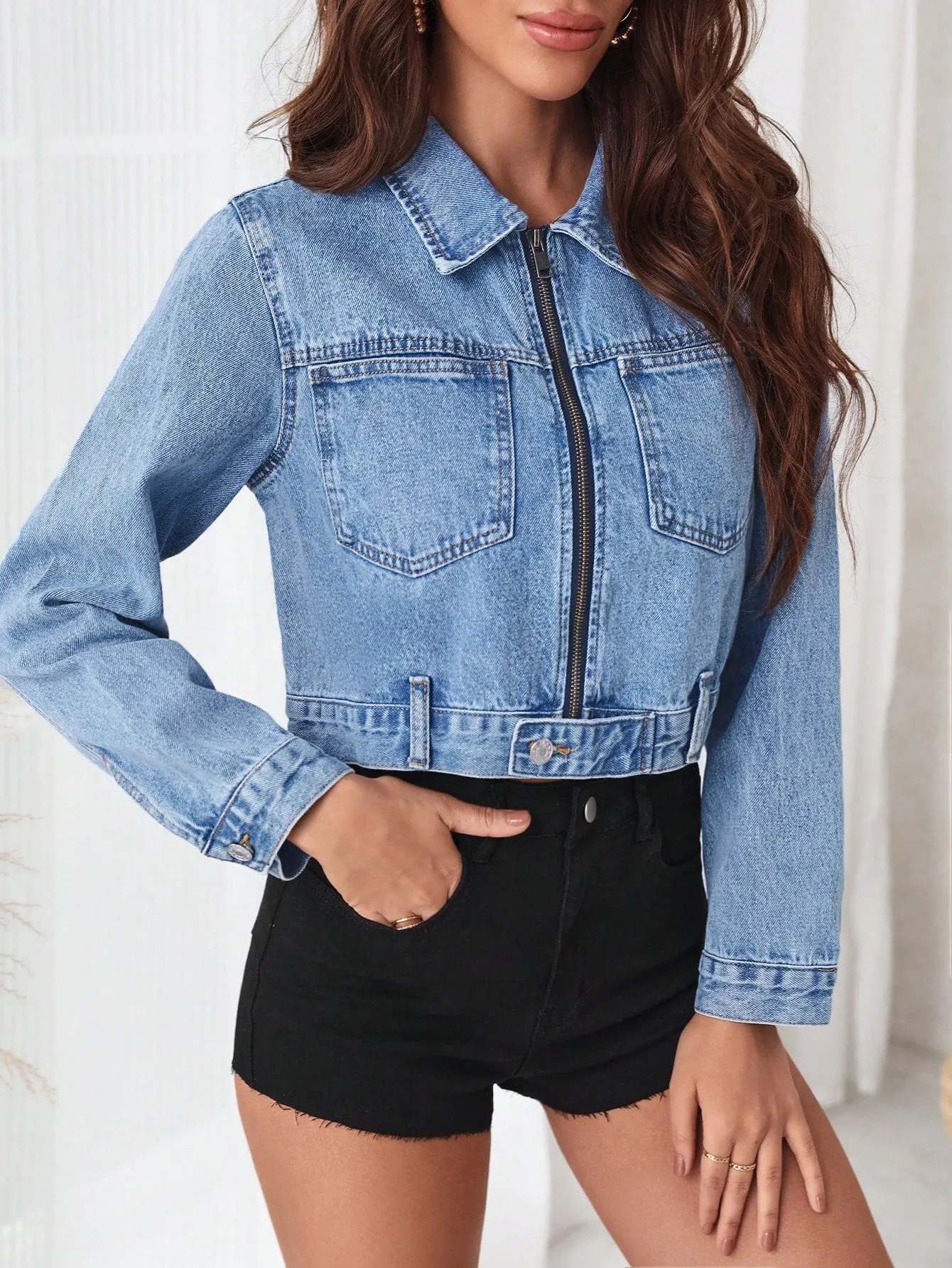 Blue Zip Front Crop Denim Jacket