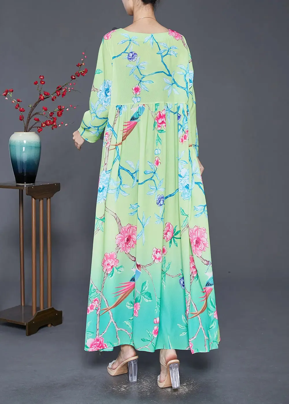 Bohemian Green Square Collar Print Silk Holiday Dresses Fall ML0379