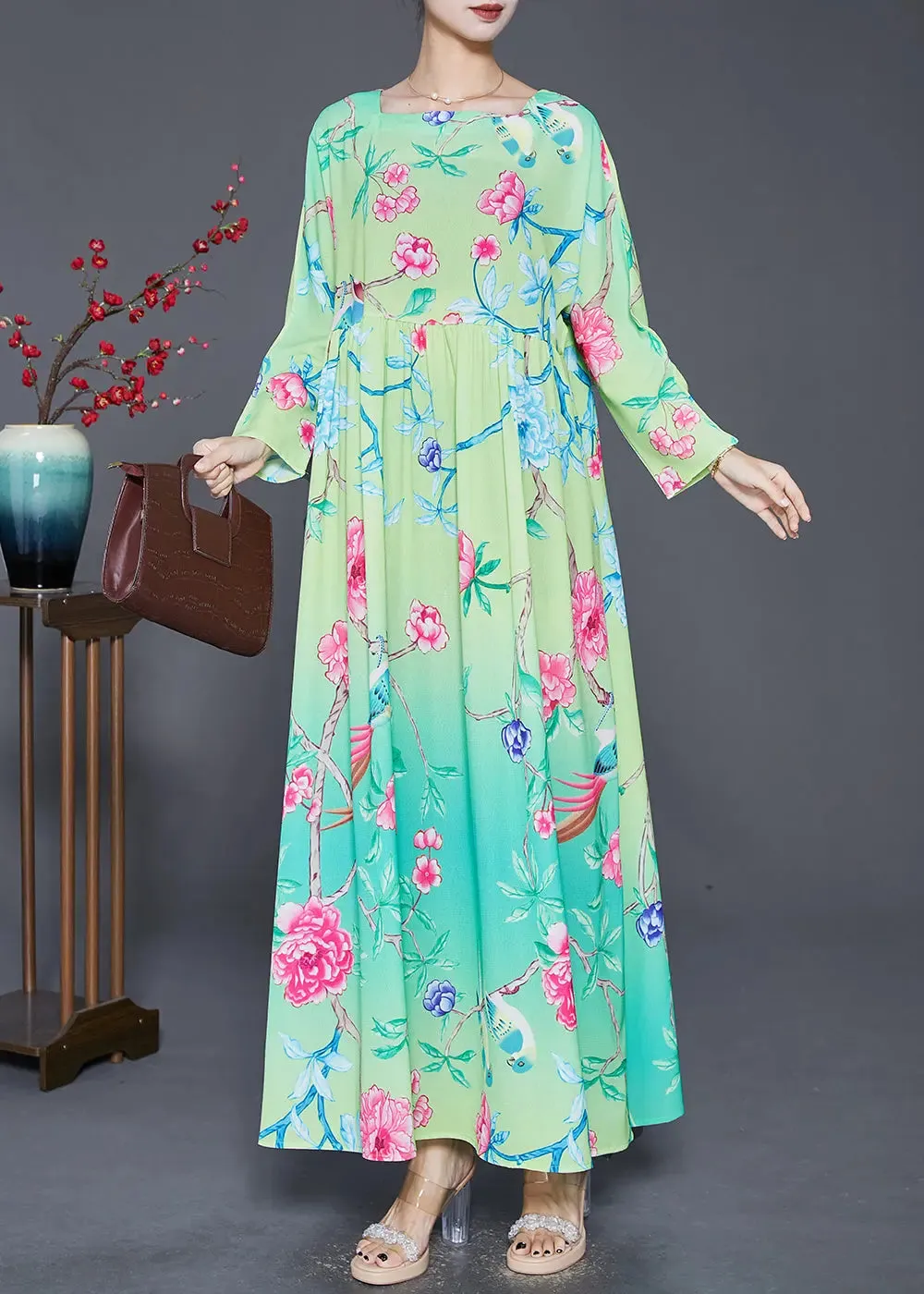 Bohemian Green Square Collar Print Silk Holiday Dresses Fall ML0379