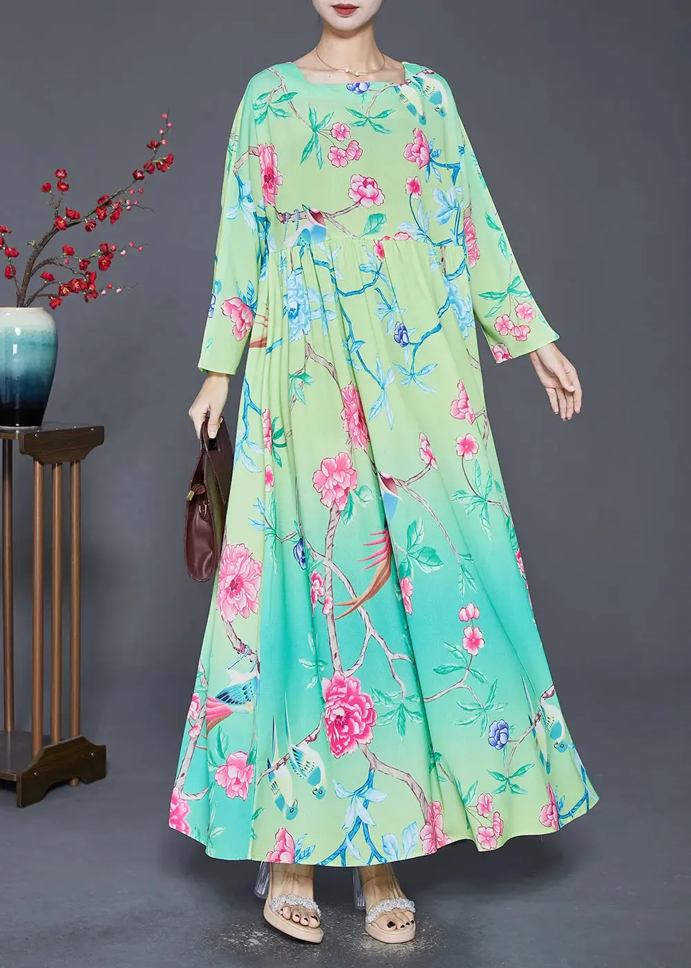 Bohemian Green Square Collar Print Silk Holiday Dresses Fall ML0379