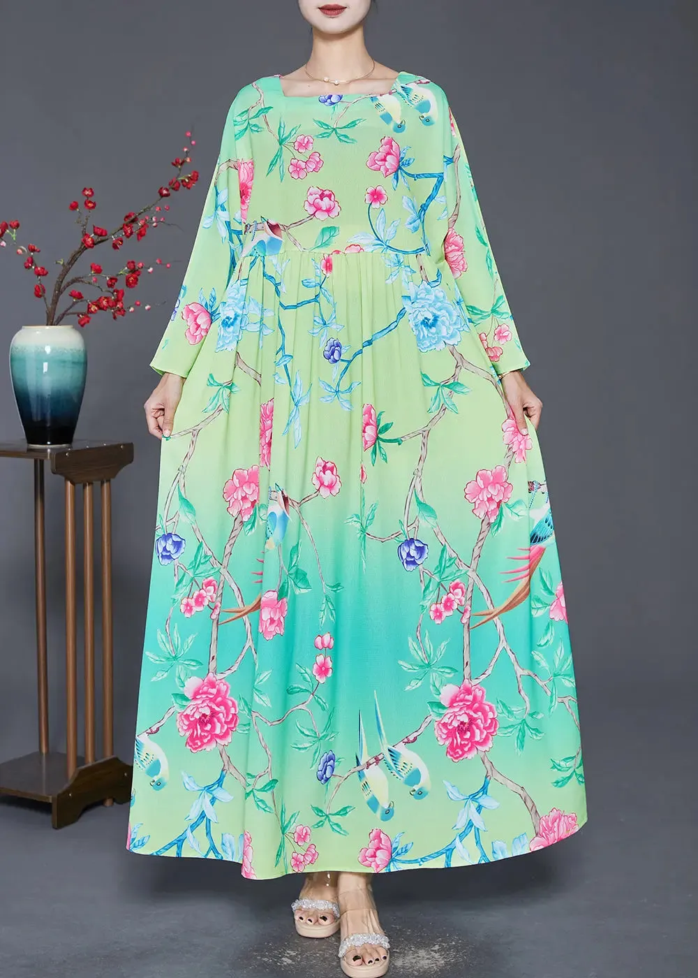 Bohemian Green Square Collar Print Silk Holiday Dresses Fall ML0379