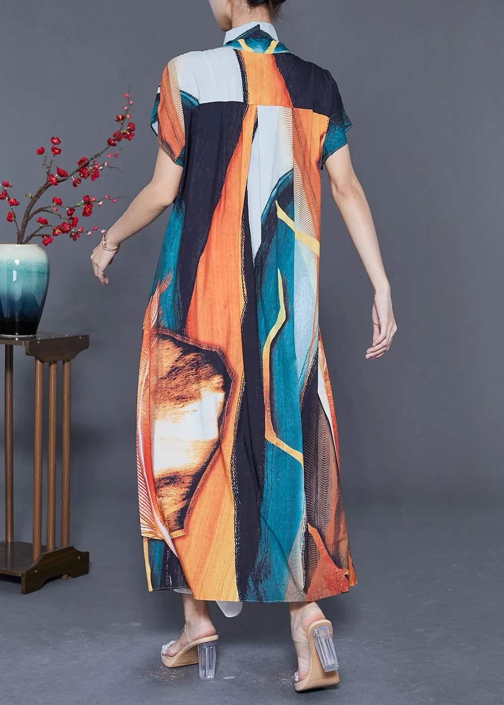 Bohemian Orange V Neck Print Chiffon Robe Dresses Summer LY5591