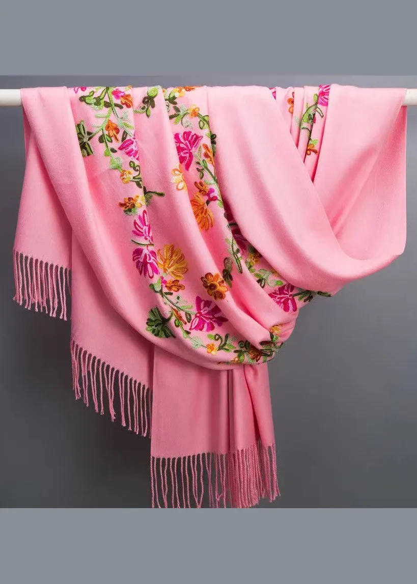 Bohemian Pink Tasseled Embroideried Faux Cashmere Scarf ML2322