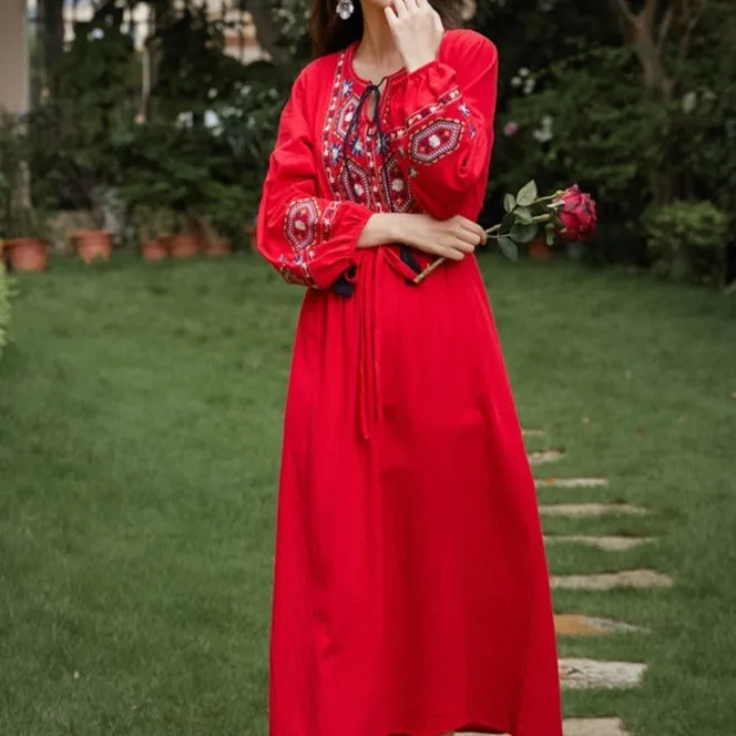 Bohemian style V-Neck Holiday embroidered dresses