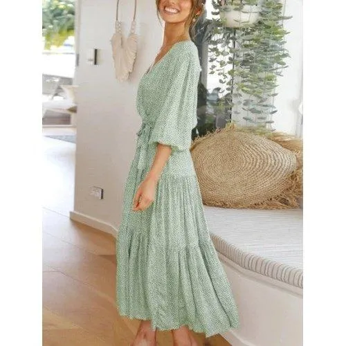 Boho Floral Print V-Neck Half Sleeve Maxi Dress