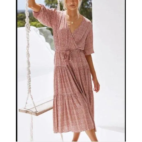 Boho Floral Print V-Neck Half Sleeve Maxi Dress