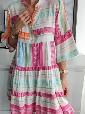 Boho Geometric Print Mini Dress with Buttoned Bracelet Sleeves