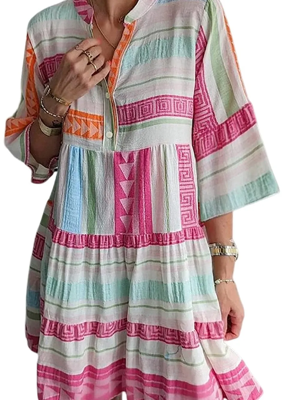 Boho Geometric Print Mini Dress with Buttoned Bracelet Sleeves