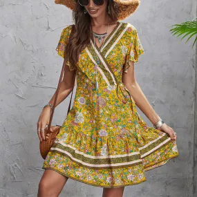 Boho Printed V-Neck Flare Short Sleeve Swing Bohemian Dress Wholesale Dresses