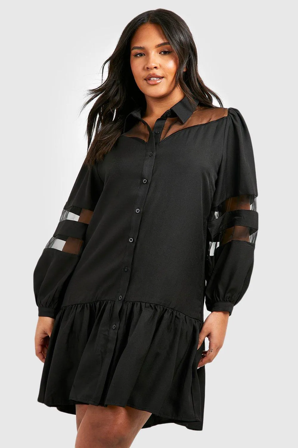 Boohoo contrast organza shirt dress, black