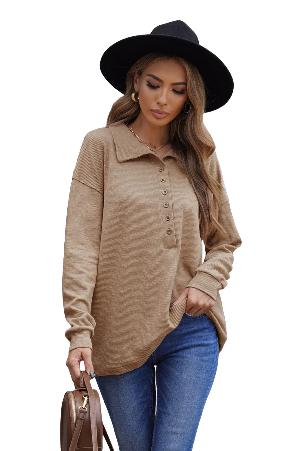 Button Turn-down Neck Knit Top