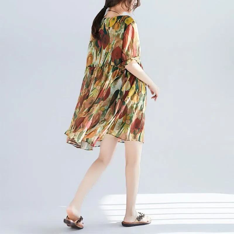 Chiffon Short Sleeve Print Round Neck Short Bohemian Dresses