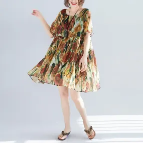 Chiffon Short Sleeve Print Round Neck Short Bohemian Dresses