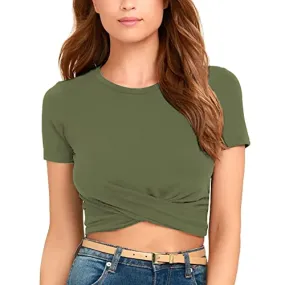 Criss Cross Crop Tops for Women Trendy Short Sleeve Workout Casual Summer Teen Girls Cropped T-Shirts Blouse (Green, M)