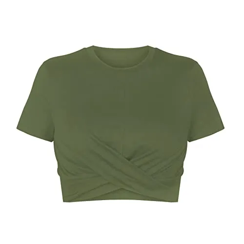 Criss Cross Crop Tops for Women Trendy Short Sleeve Workout Casual Summer Teen Girls Cropped T-Shirts Blouse (Green, M)