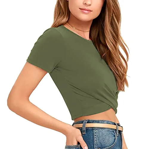 Criss Cross Crop Tops for Women Trendy Short Sleeve Workout Casual Summer Teen Girls Cropped T-Shirts Blouse (Green, M)