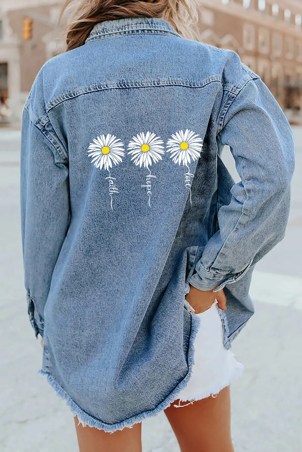 Daisy Letter Print Flap Pockets Buttoned Denim Jacket