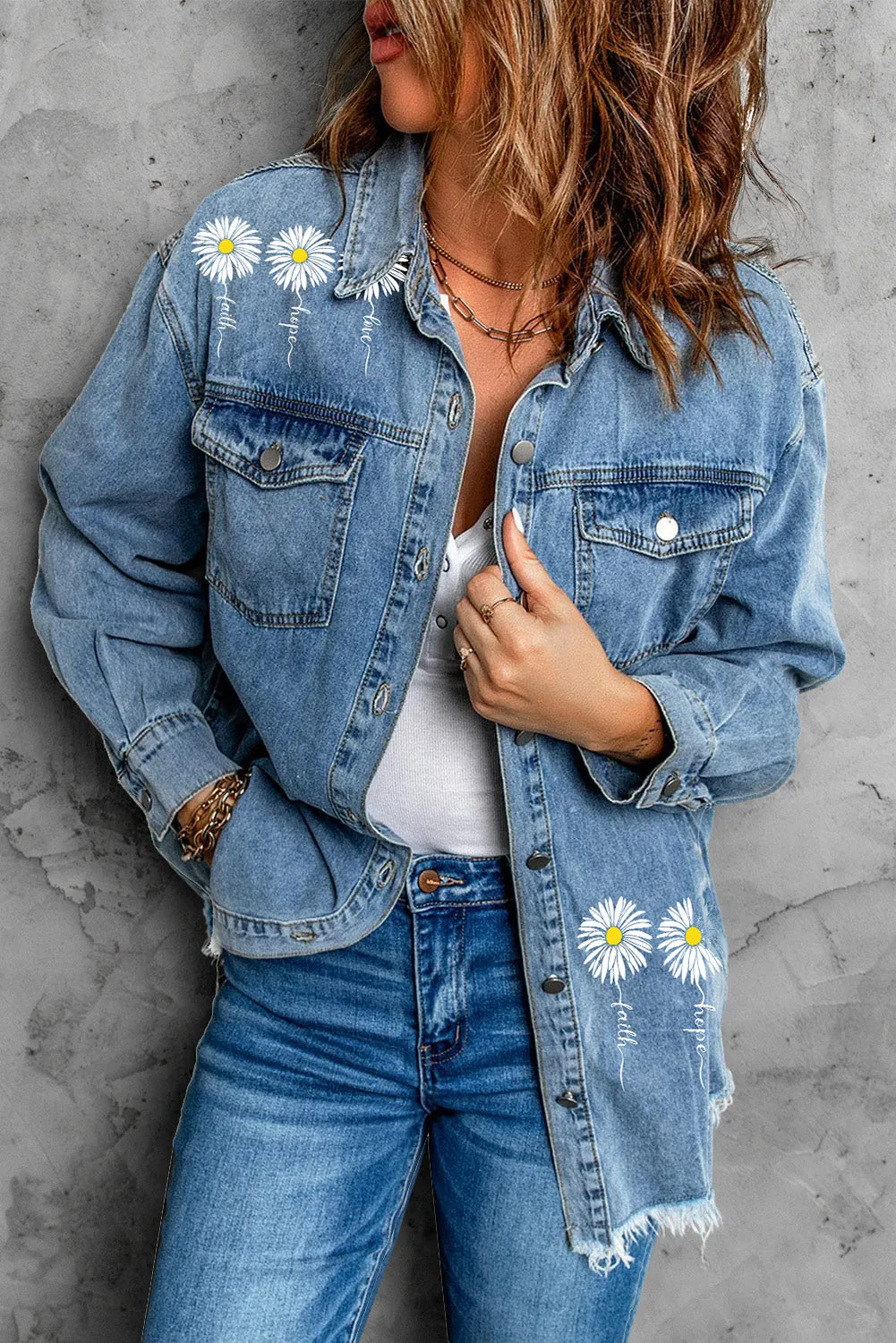 Daisy Letter Print Flap Pockets Buttoned Denim Jacket