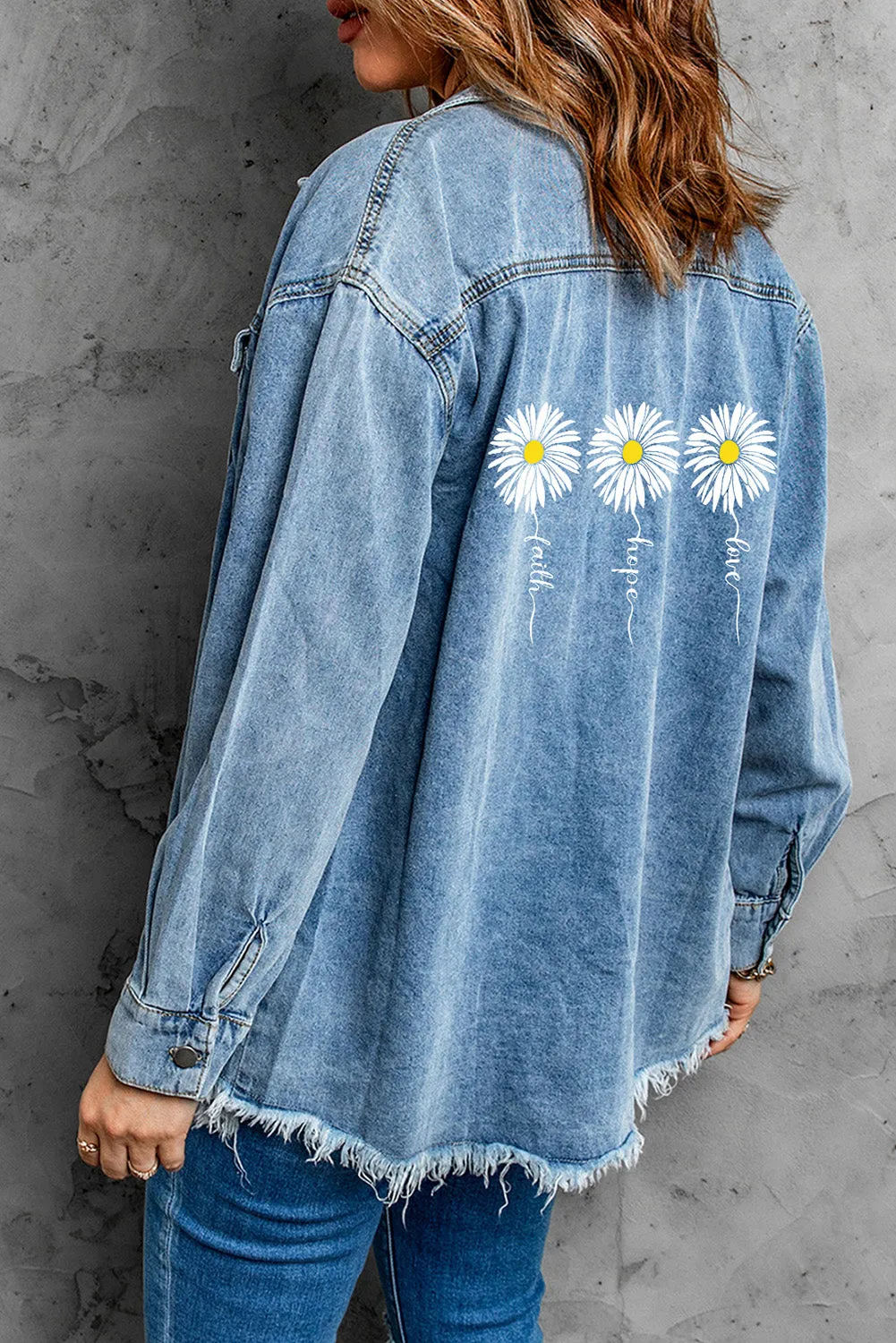 Daisy Letter Print Flap Pockets Buttoned Denim Jacket