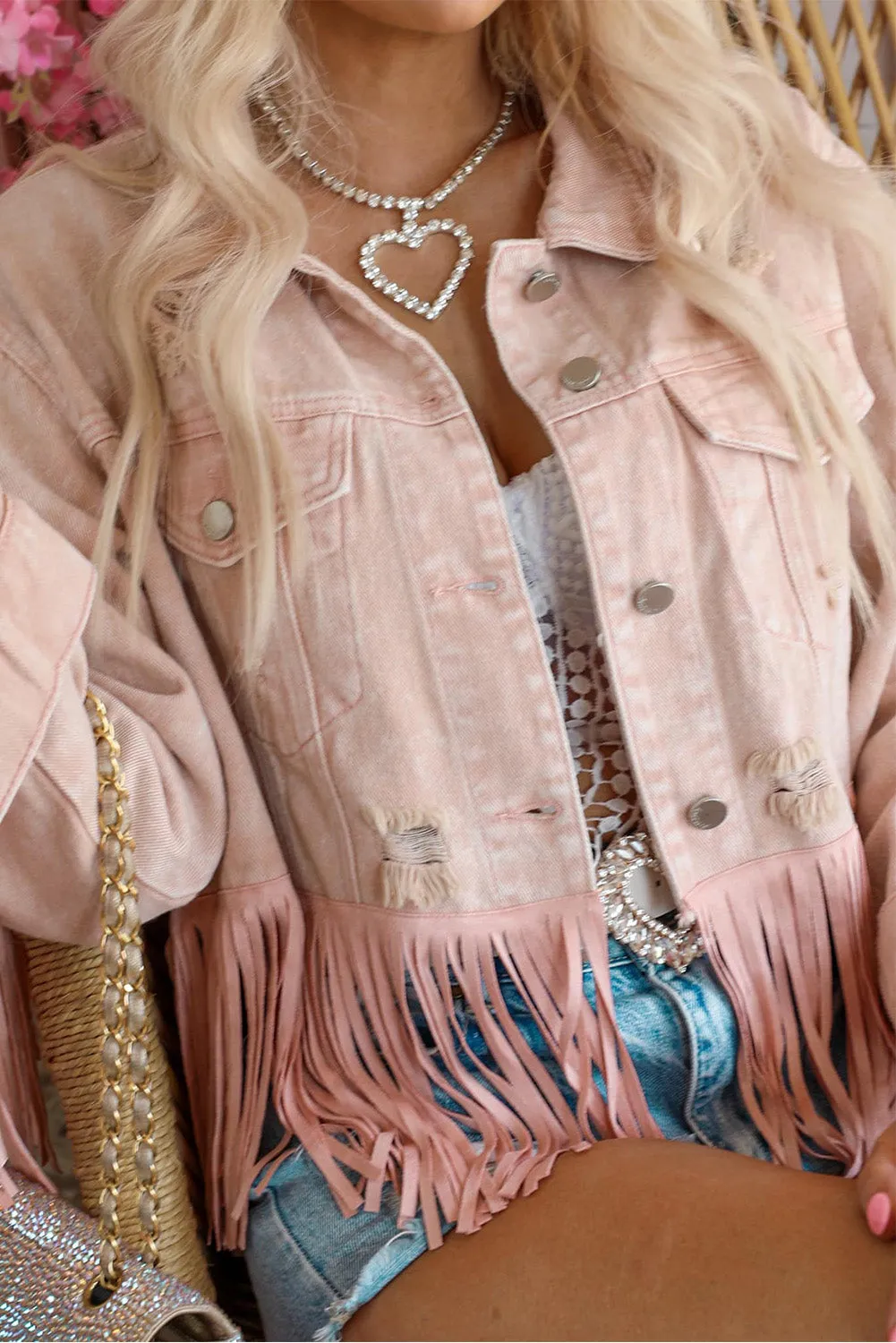 Distressed Fringed Cropped Denim Jacket