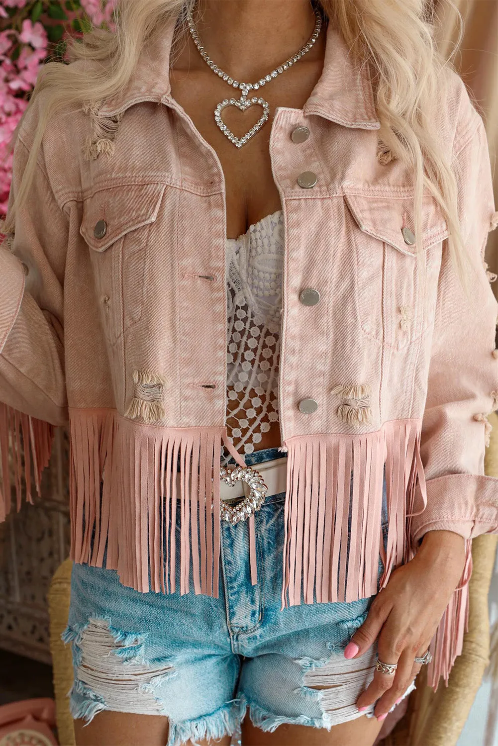 Distressed Fringed Cropped Denim Jacket