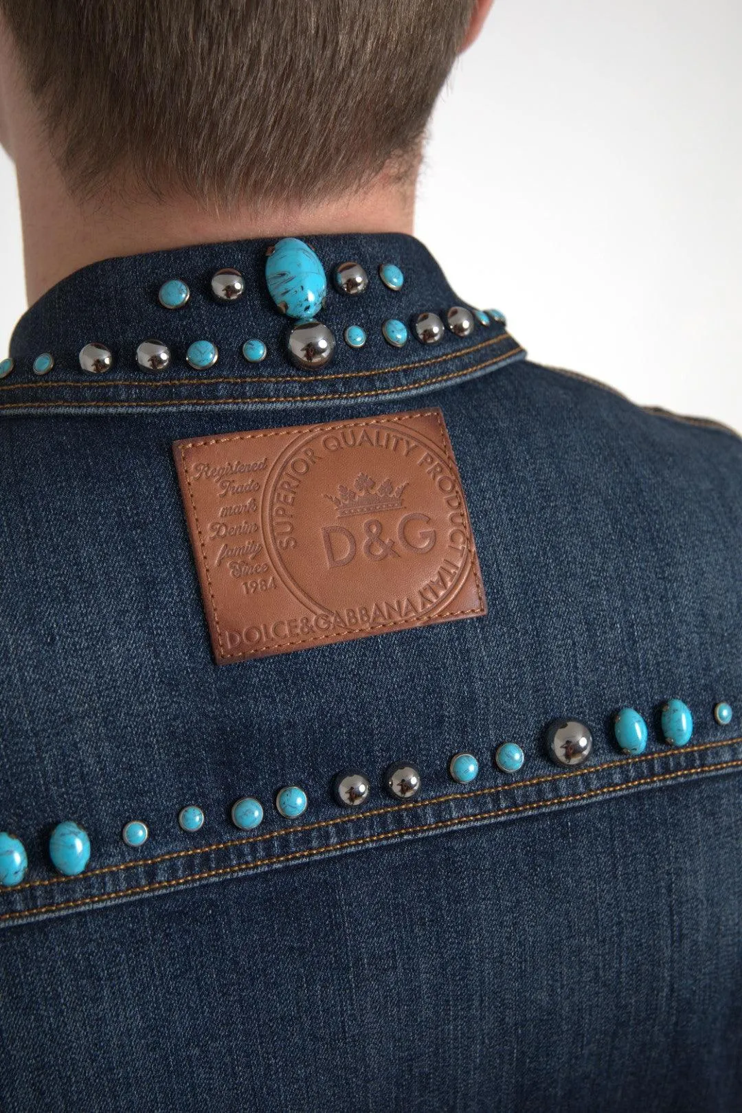 Dolce & Gabbana Blue Denim Turquoise Stones Studded Jacket