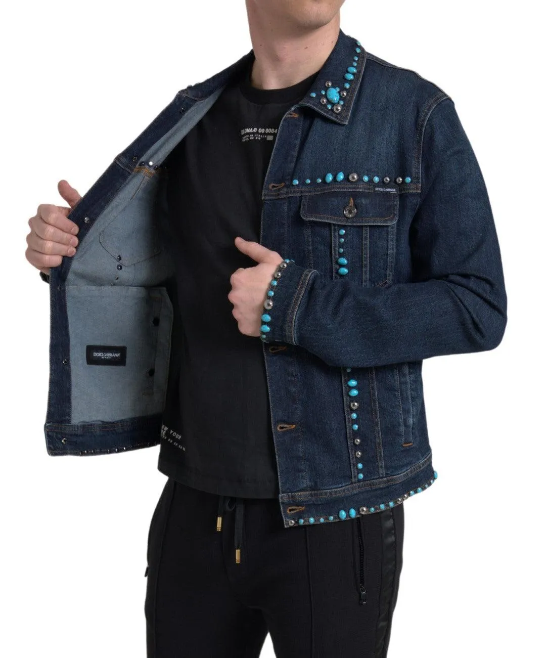 Dolce & Gabbana Blue Denim Turquoise Stones Studded Jacket