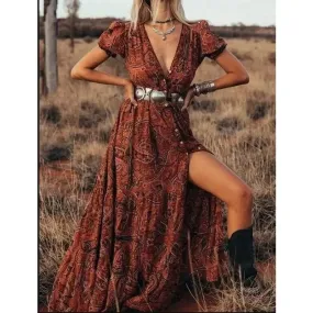 FashionSierra - 2024 Vintage Floral Print Chiffon Gypsy Hippie Boho Dress