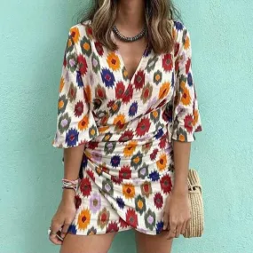 flare sleeve V-neck women dress