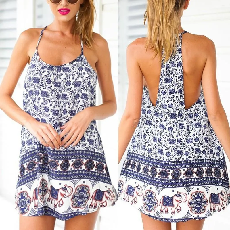 Floral Print Backless Beach Dress