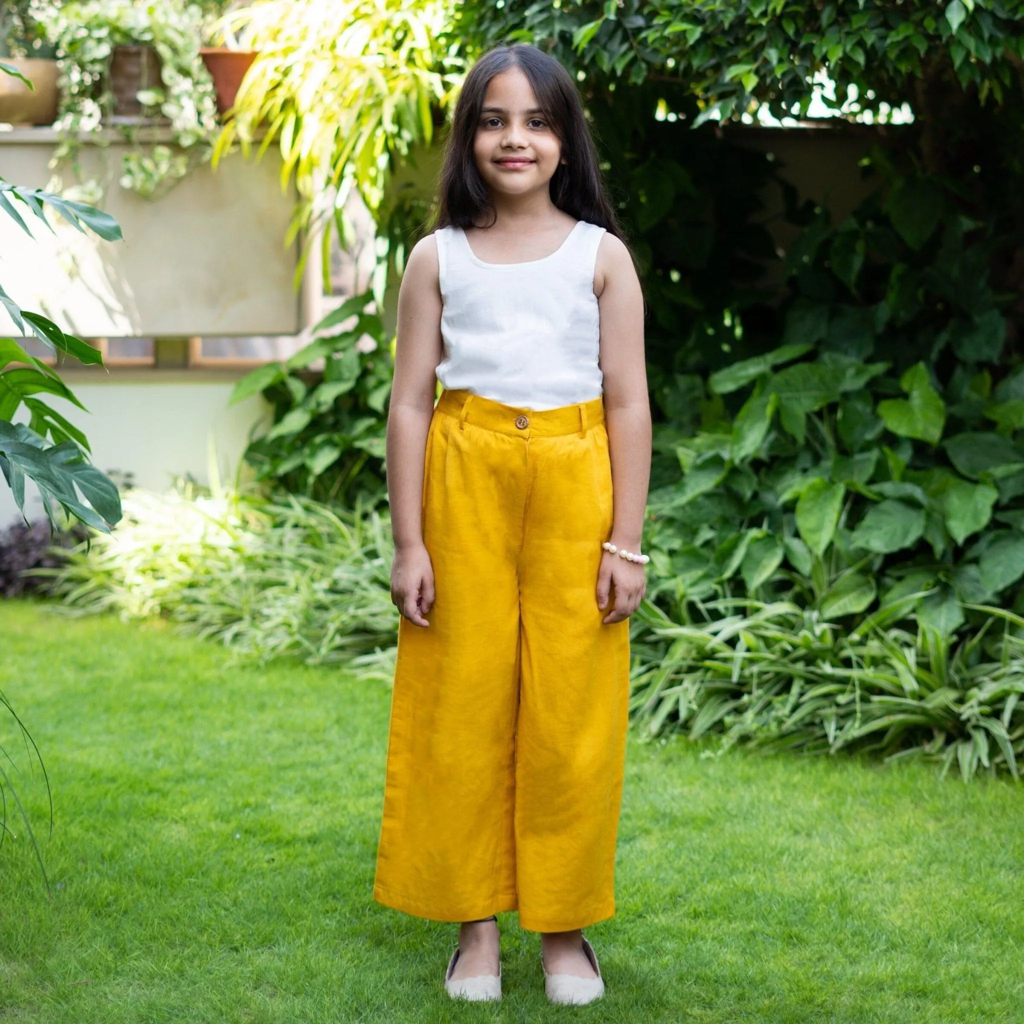 Girls - Mustard Cotton Flax Elasticated Wide Legged Pant