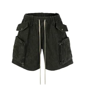 Heavy weight denim cargo shorts with distressed wash