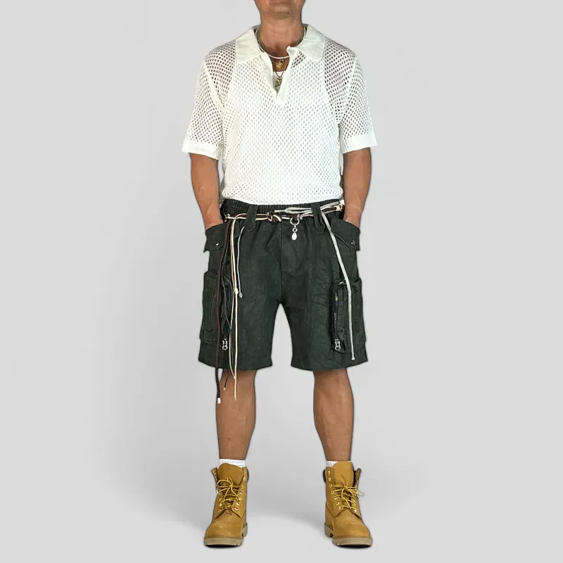 Heavy weight denim cargo shorts with distressed wash