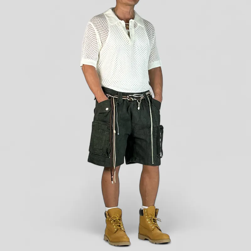 Heavy weight denim cargo shorts with distressed wash