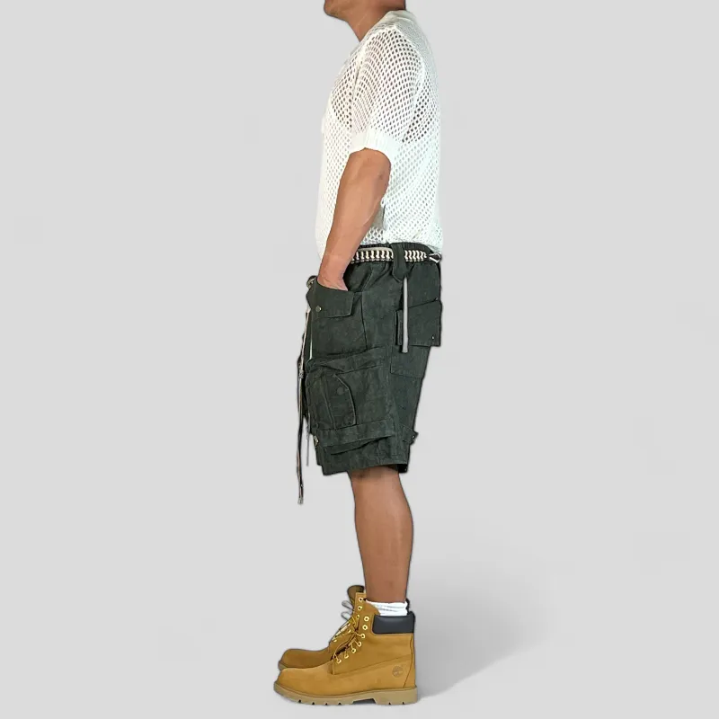 Heavy weight denim cargo shorts with distressed wash