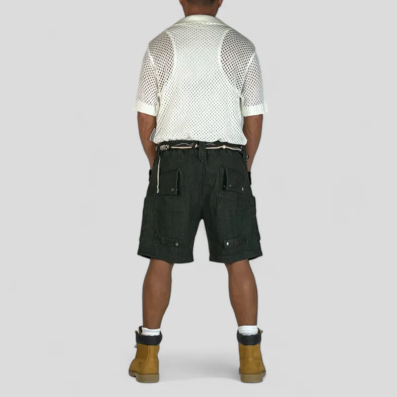 Heavy weight denim cargo shorts with distressed wash