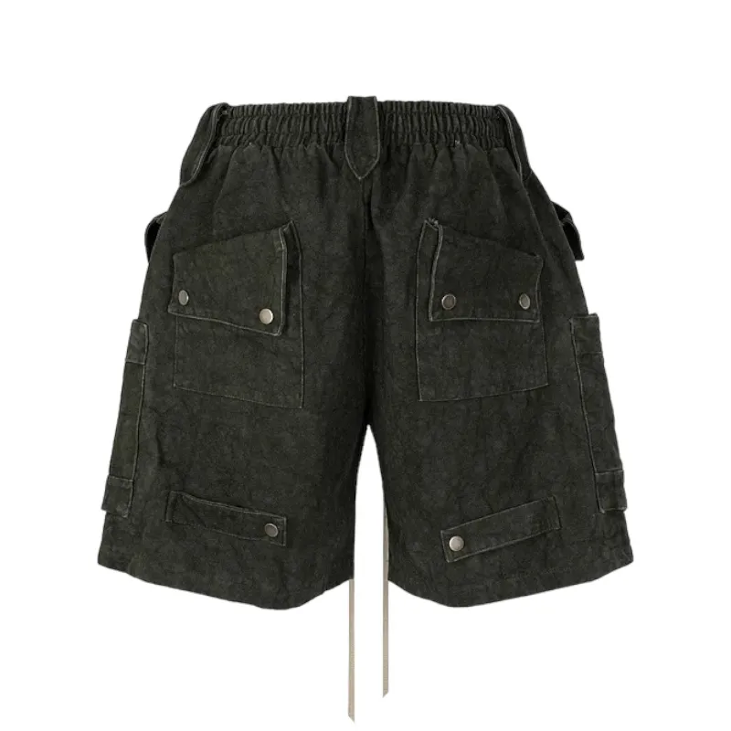 Heavy weight denim cargo shorts with distressed wash